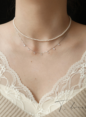 nicedream法式珍珠锆石叠带项链