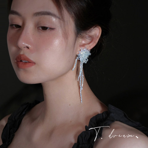 nicedream蓝色花朵串珠流苏耳环