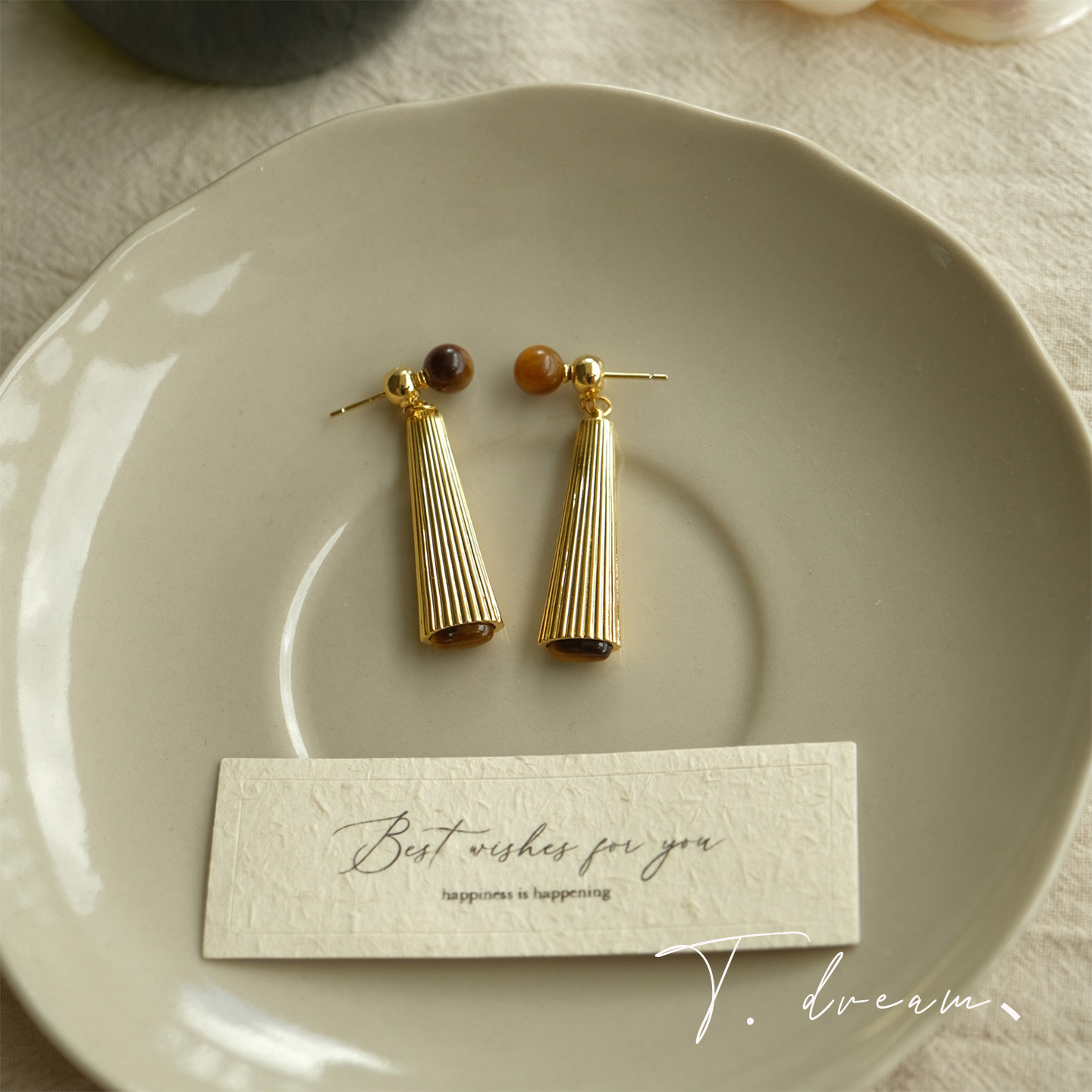 nicedream复古暖金虎眼长耳环