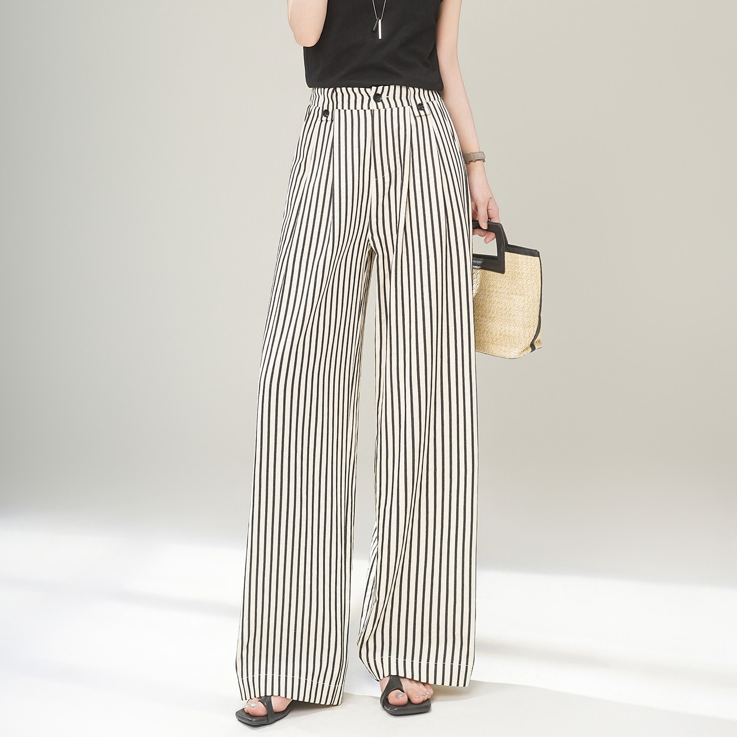 2026春季新款条纹阔腿裤女通勤薄款高腰显瘦休闲慵懒风宽松长裤