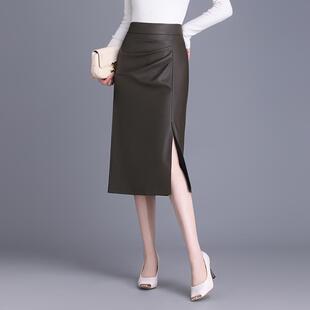 咖色开叉PU皮裙包臀半身裙女秋季2025新款高腰修身中长款一步裙子