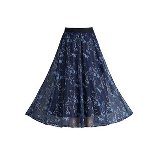 印花网纱半身裙女夏季2026新款高腰通勤a字裙中长款显瘦大摆纱裙