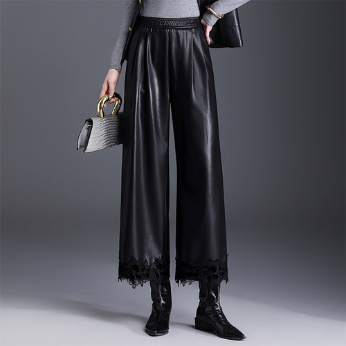 黑色阔腿皮裤女2025秋冬