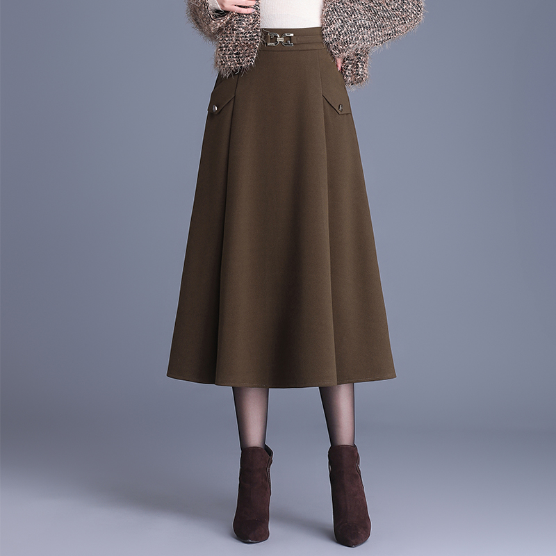 咖色a字裙毛呢半身裙休闲伞裙