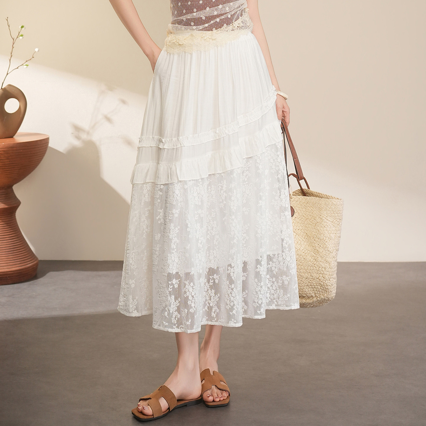 法式设计感浪漫风白色拼接A字半身裙女高腰显瘦长款纱裙2026春夏