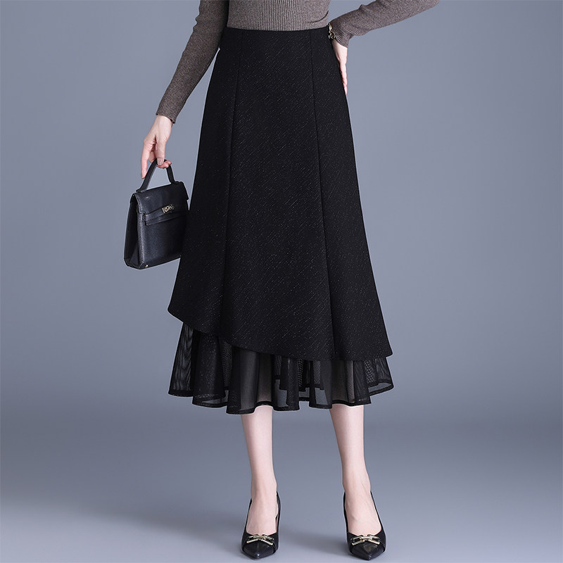 黑色网纱拼接鱼尾半身裙女春季2026新款高腰显瘦中长款气质a字裙