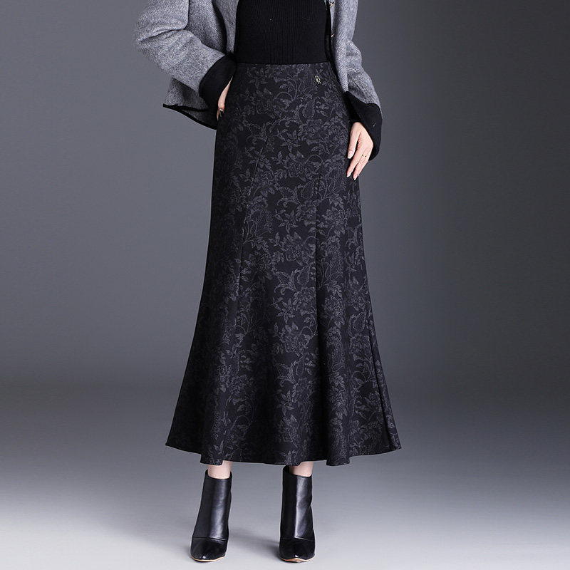 气质印花毛呢鱼尾裙女2025秋季新款复古通勤包臀半身裙显瘦长裙子