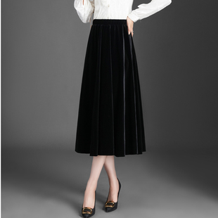 黑色显瘦垂感金丝绒半身裙子女春秋新款松紧高腰a字裙中长休闲裙