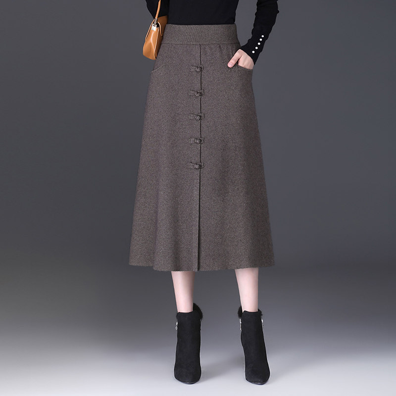 盘扣针织裙半身裙女秋冬2023新款高腰显瘦a字裙中长气质毛线冬裙