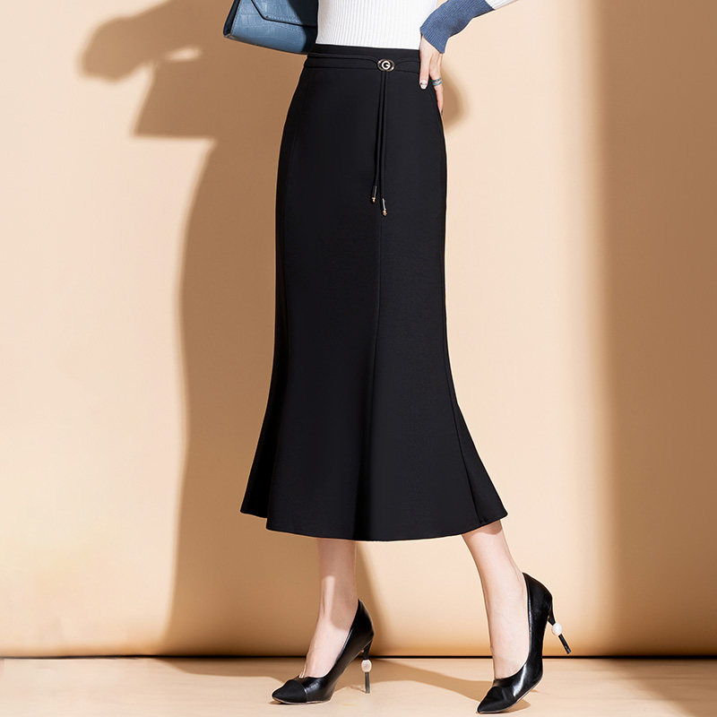 黑色包臀鱼尾裙职业裙女春秋新款高腰显瘦半身裙一步裙气质中长裙