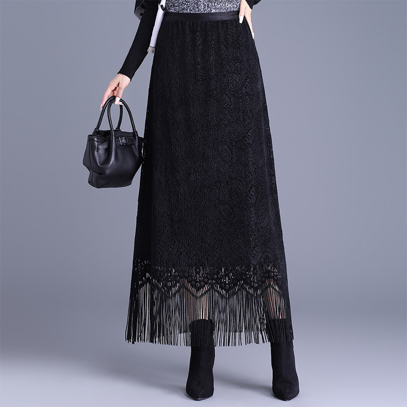 流苏蕾丝半身裙女2025秋冬新款高腰显瘦气质优雅植绒A字裙长裙子
