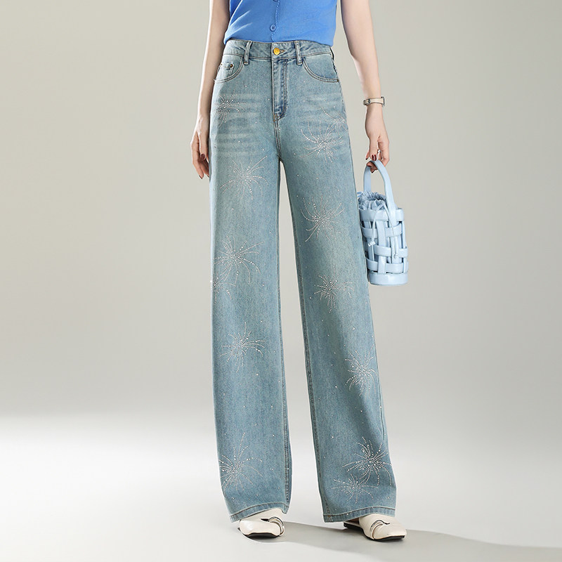 百搭高级感高腰烫钻阔腿牛仔裤女宽松显瘦直筒长裤2026春季新款