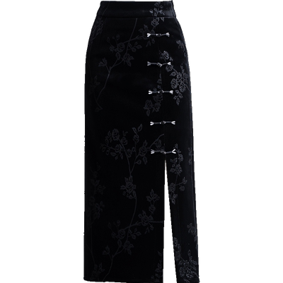 复古压花金丝绒半身裙开叉一步裙