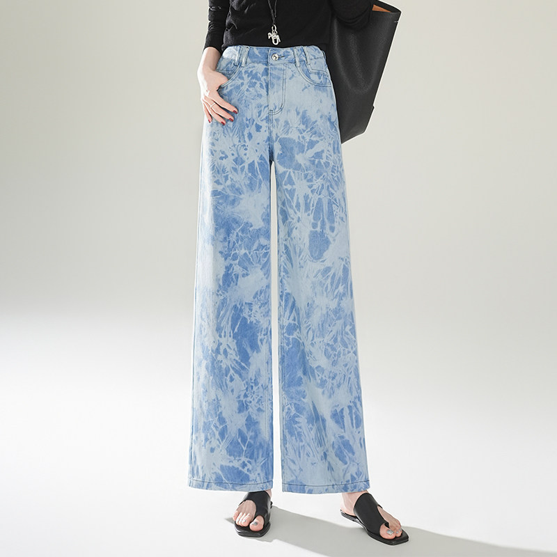 扎染牛仔阔腿裤女遮肚子高腰显瘦宽松百搭直筒长裤2026春季新款
