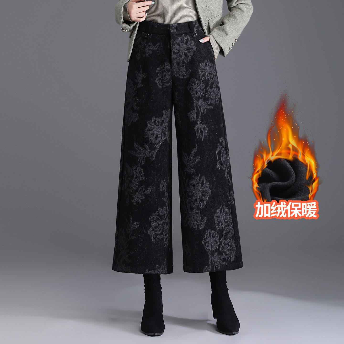 加绒九分印花阔腿裤女冬季2025新款高腰宽松显瘦垂感气质休闲裤子