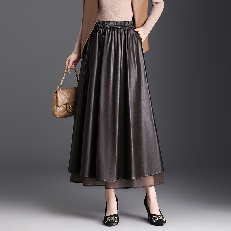 PU皮裙半身裙女2026春季新款高腰显瘦中长款A字裙时尚拼接休闲裙