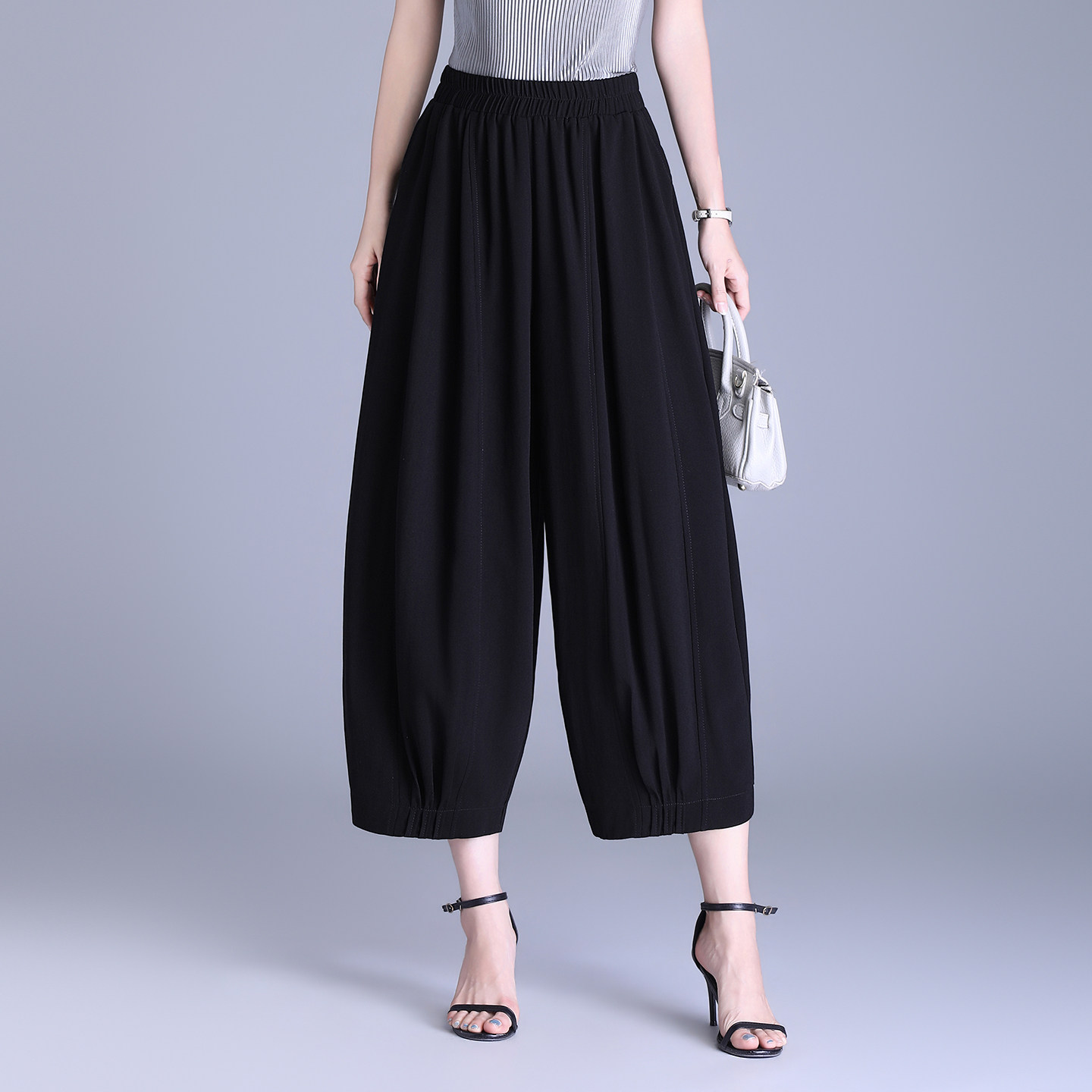 黑色八分灯笼裤阔腿裤女夏季薄款2026新款小个子宽松百搭休闲裤子