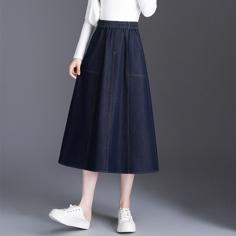 仿牛仔半身裙a字裙女春秋新款松紧腰休闲裙中长遮胯显瘦伞裙