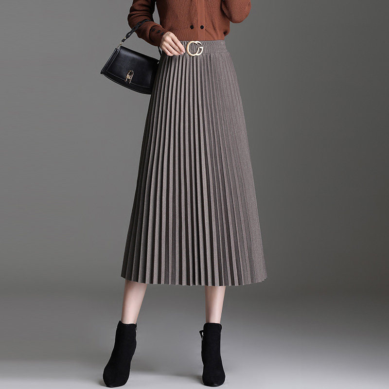 韩版毛呢百褶裙女秋冬2025新款松紧腰显瘦a字半身裙百搭中长裙子