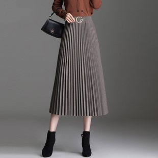 韩版毛呢百褶裙女秋冬2025新款松紧腰显瘦a字半身裙百搭中长裙子