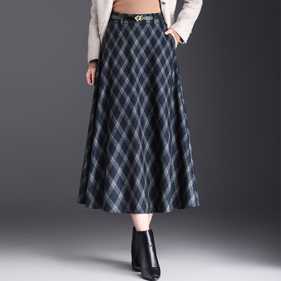 高腰格子毛呢半身裙显瘦A字裙