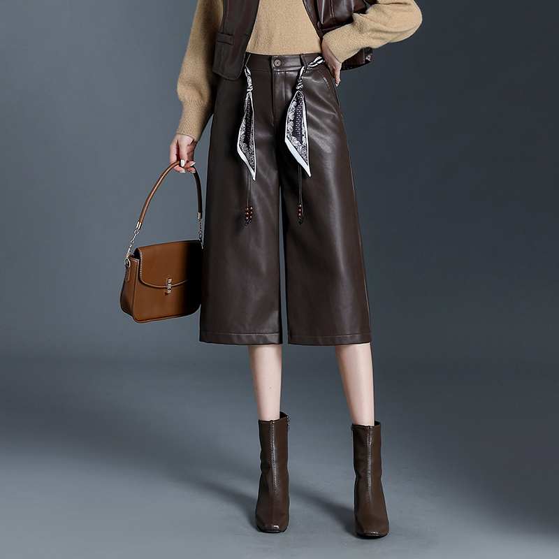 宽松休闲阔腿裤皮质七分裤子