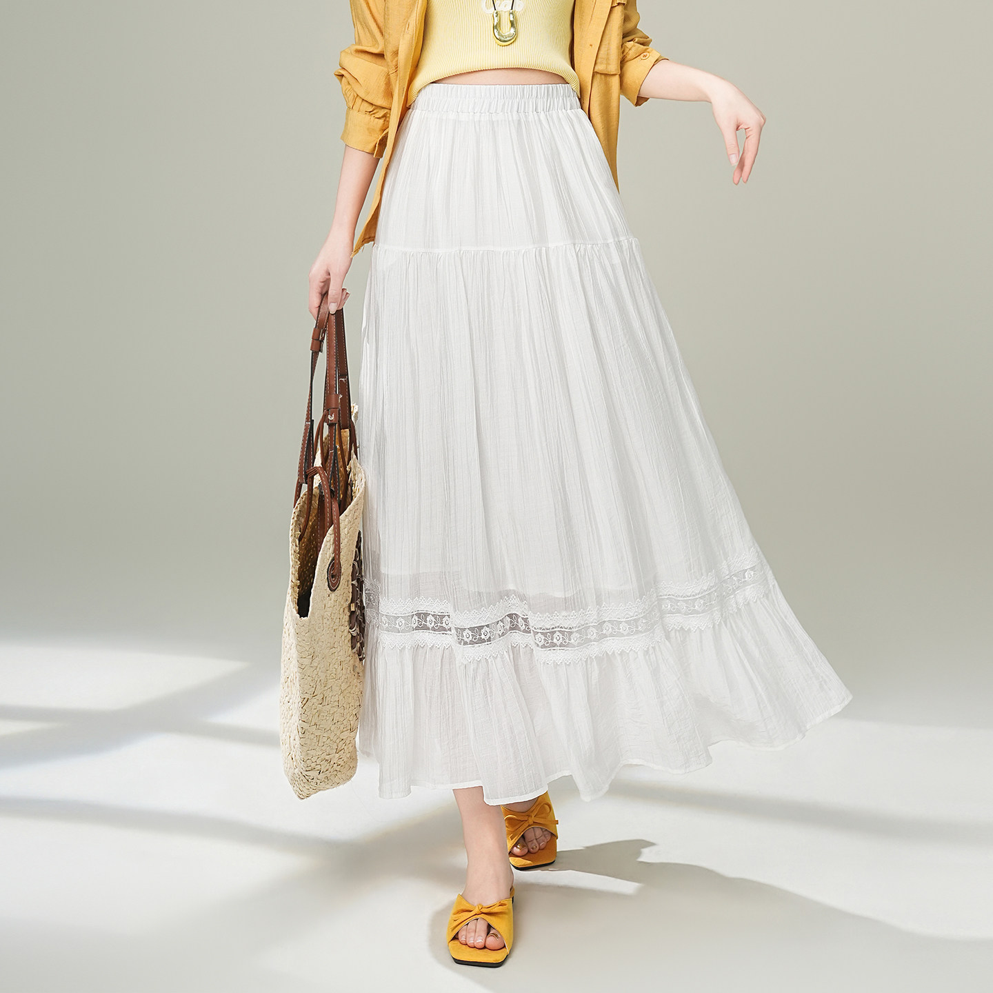 白色蕾丝拼接半身裙女中长款A字裙2026春夏新款显瘦垂坠感休闲裙