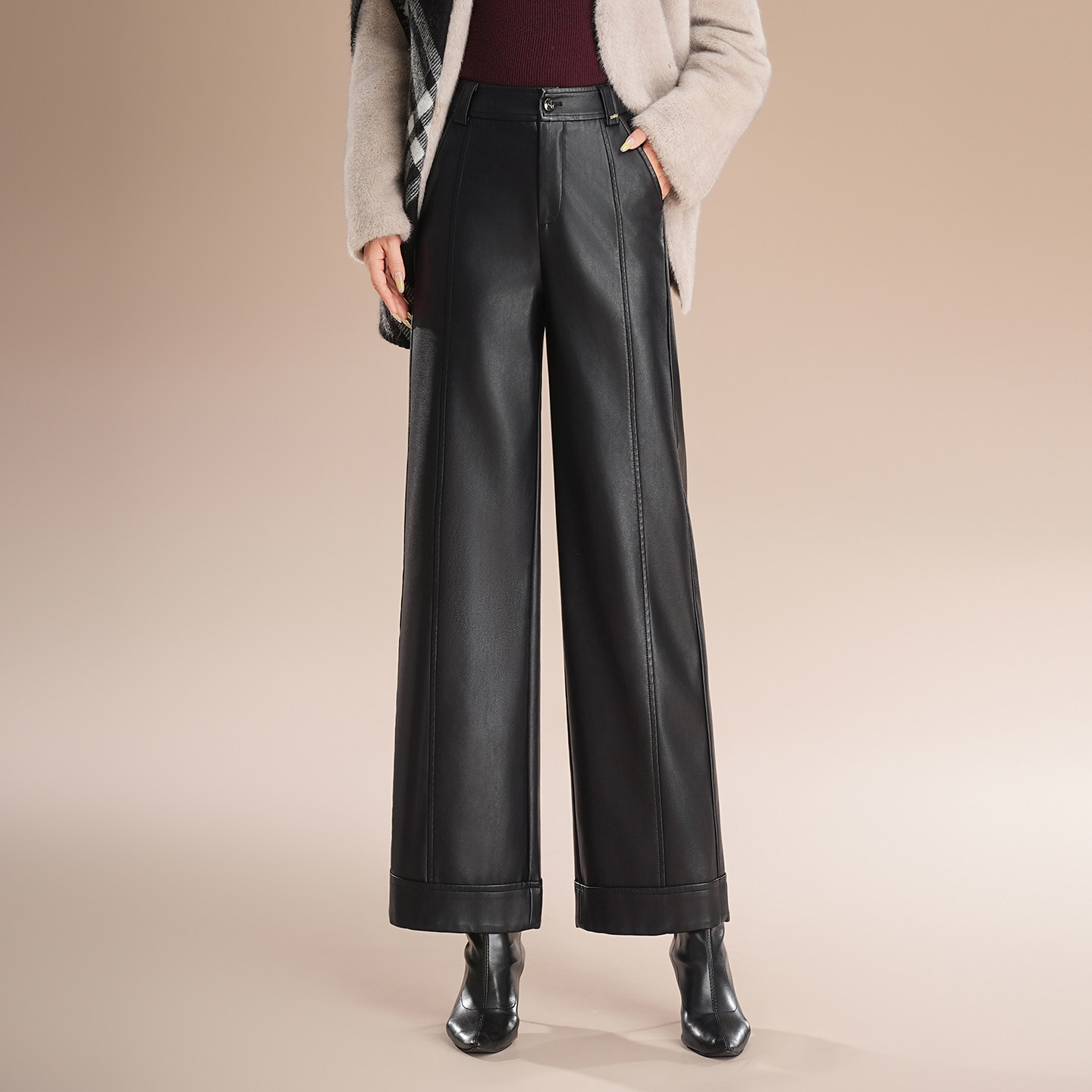 2025新款秋冬通勤PU皮裤阔腿裤女时尚加绒长裤百搭显瘦休闲直筒裤