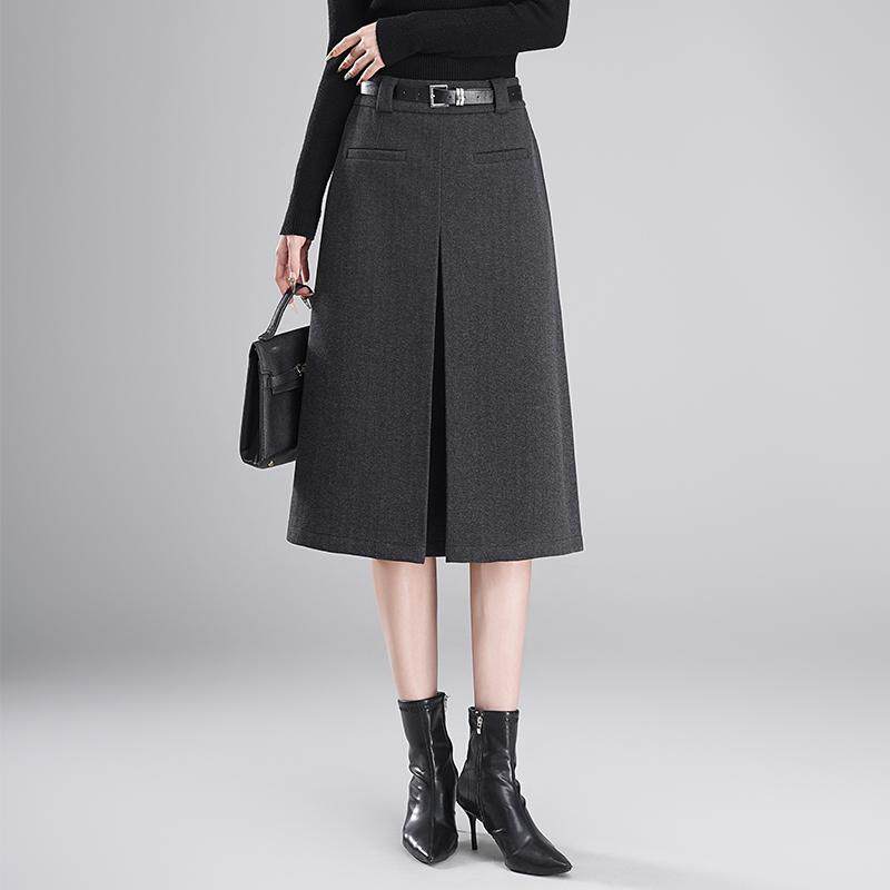 灰色通勤毛呢半身裙女秋冬2025新款高腰显瘦a字包臀裙中长职业裙