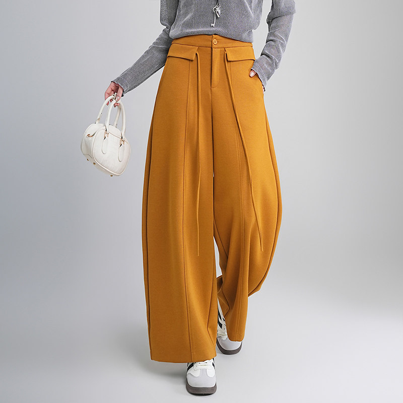 时尚飘绳弯刀阔腿裤女春季2026新款高腰简约百搭宽松遮肉休闲长裤