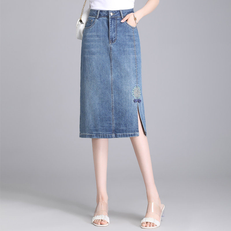 国风绣花牛仔裙女2026新款夏季中长款包臀半身裙显瘦开叉一步裙子