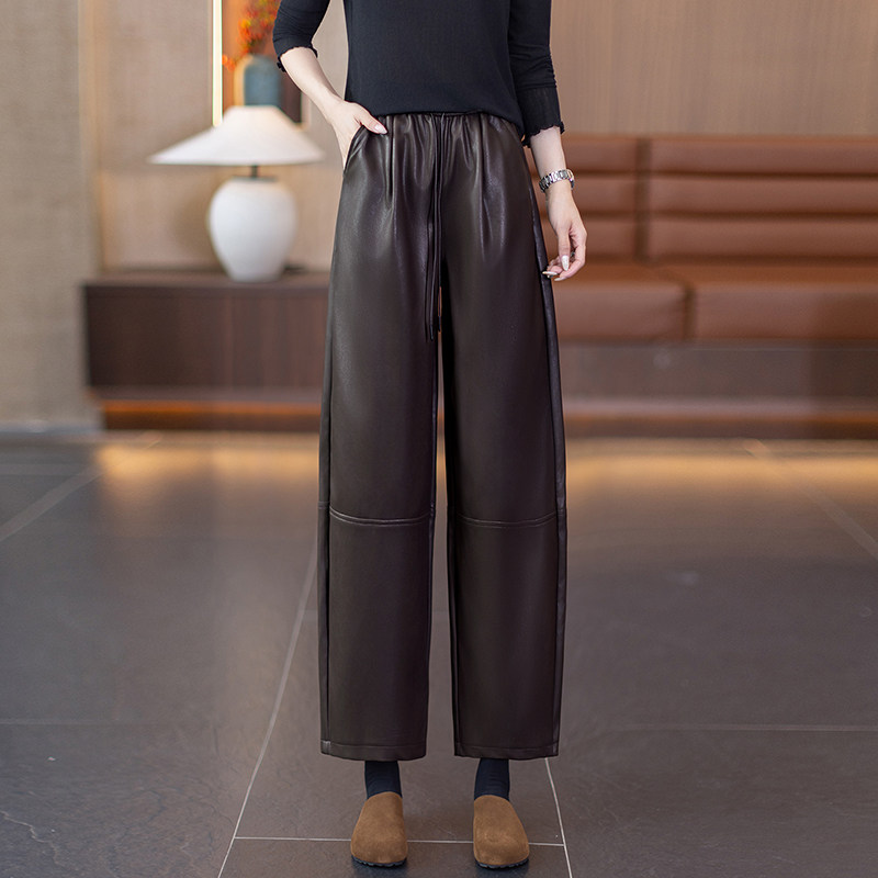 松紧腰PU皮裤女2025秋冬新款小个子宽松显瘦阔腿九分裤百搭休闲裤
