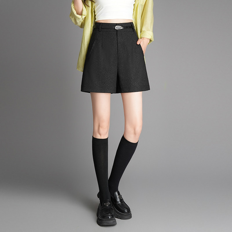 黑色亮丝西装短裤女春季2026新款高腰宽松显瘦百搭休闲a字阔腿裤