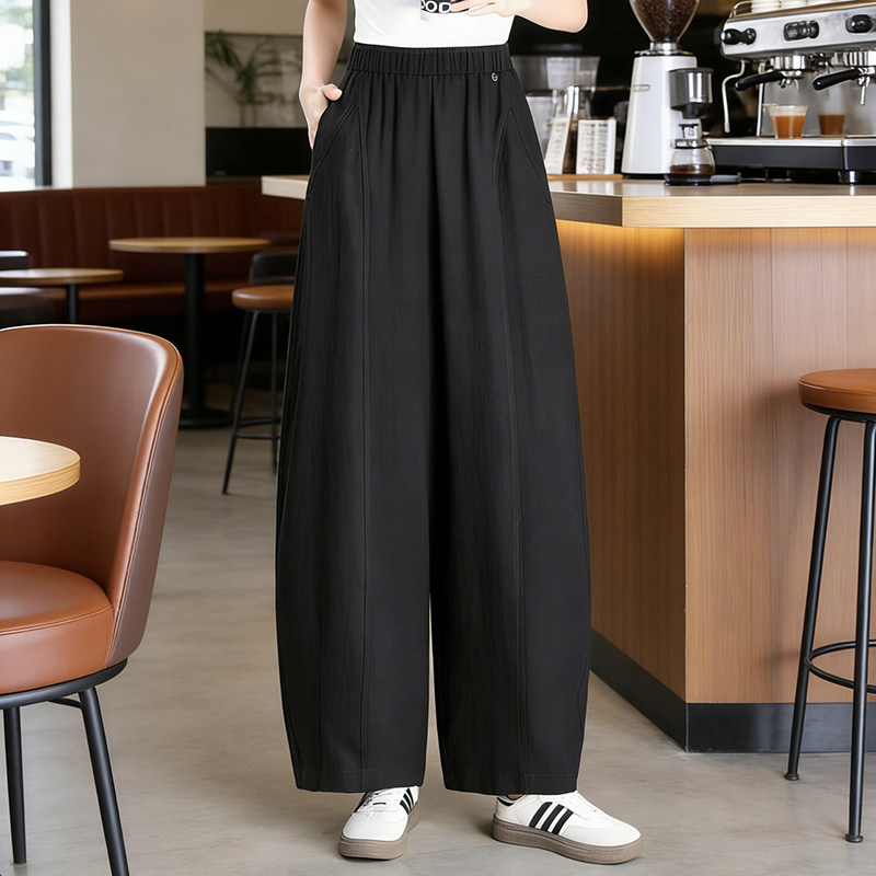 小个子百搭阔腿裤女春夏2026新款松紧腰宽松显瘦慵懒风亚麻休闲裤