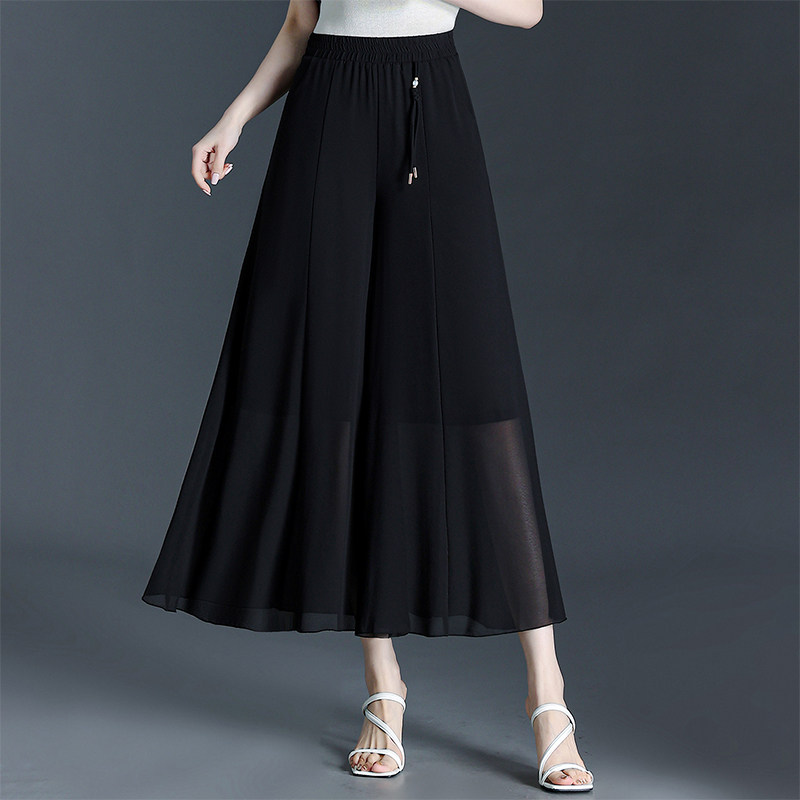 雪纺阔腿裤女夏季薄款高腰垂感九分裤2026新款黑色松紧腰休闲裤裙