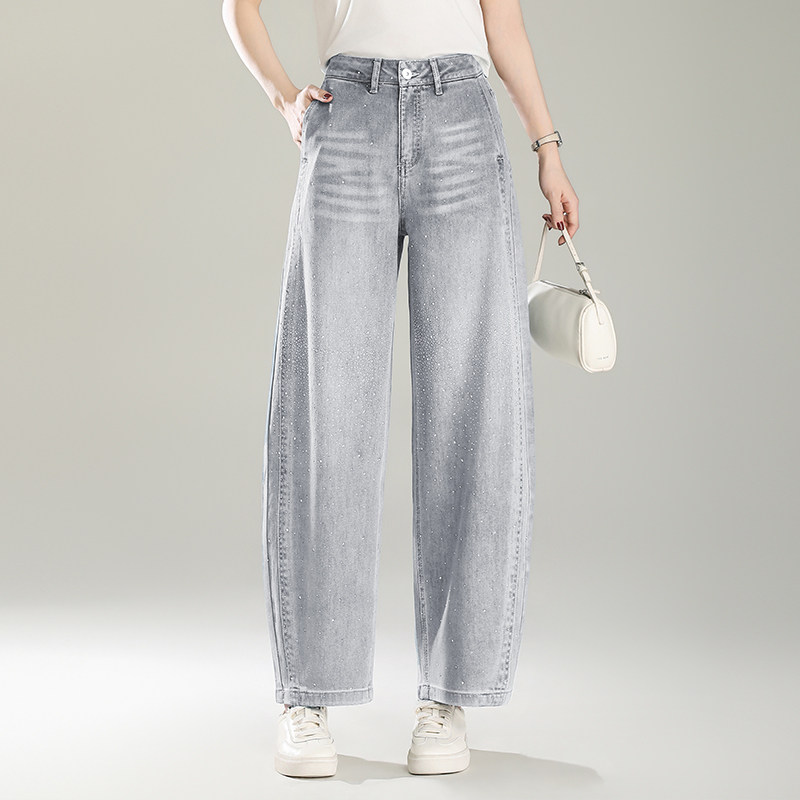 设计感烫钻弯刀牛仔裤女2026春季新款阔腿裤宽松显瘦百搭休闲长裤