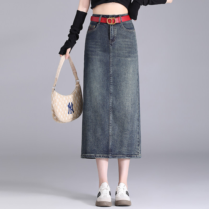 直筒牛仔裙女中长款2024新款春秋包臀半身裙显瘦百搭开叉一步裙子