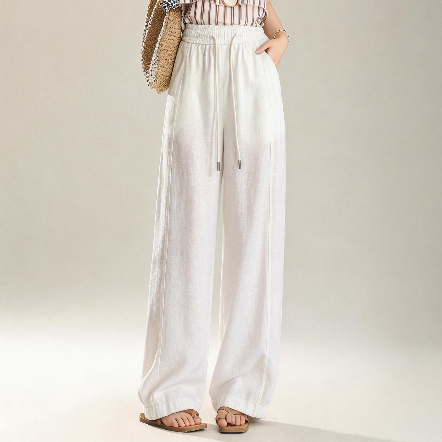 高腰亚麻阔腿裤女2026夏简约风垂感宽松直筒显瘦慵懒松弛感休闲裤