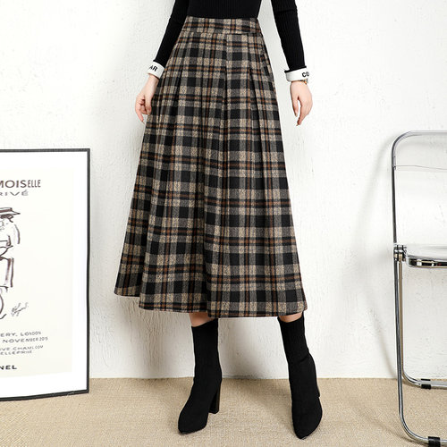 毛呢秋冬a字新款宽松百褶格子裙