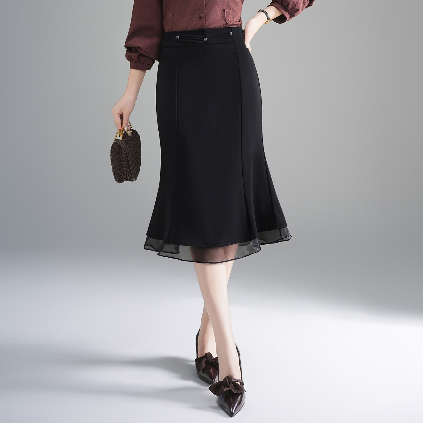 黑色网纱拼接鱼尾半身裙女春季2026新款高腰显瘦中长款通勤包臀裙,女装/女士精品,半身裙,淘宝优惠券,粉丝福利购,淘宝优惠卷