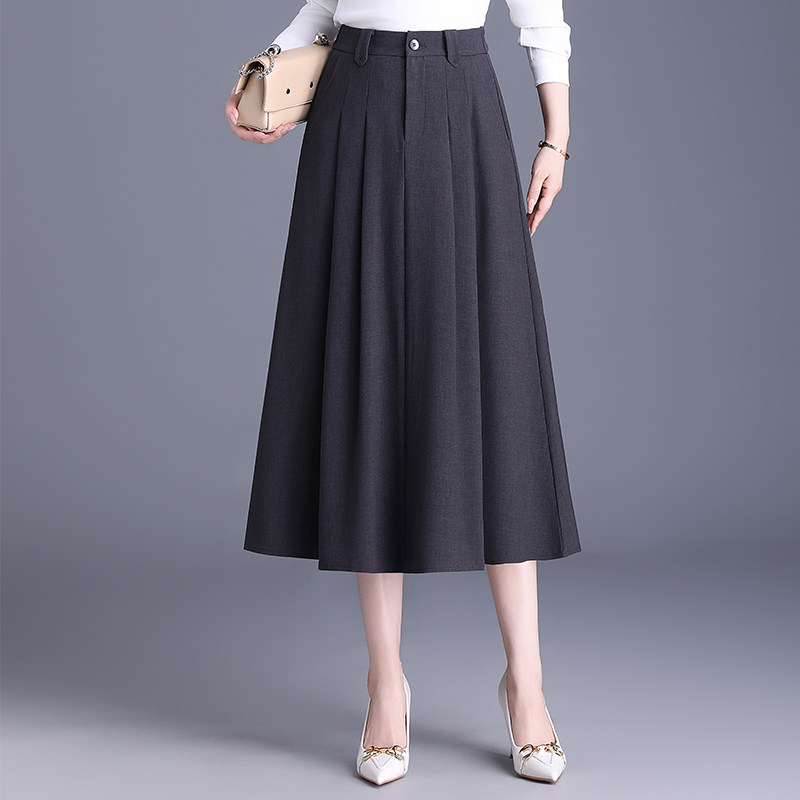 灰色大摆a字半身裙女春秋新款高腰遮胯伞裙西装百褶裙中长款