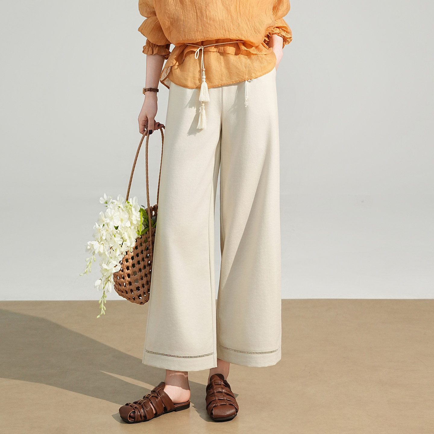 小个子松紧腰阔腿裤女春季2026新款宽松显瘦九分直筒裤子休闲裤