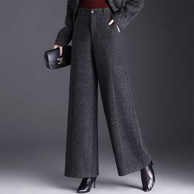 灰色羊毛呢阔腿裤垂坠感休闲长裤
