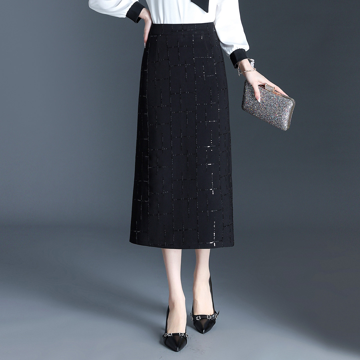黑色亮片包臀半身裙女春季2026新款高腰显瘦直筒中长款开叉一步裙