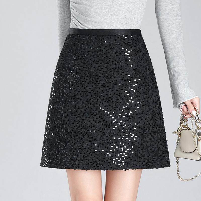 高级感黑色小香风亮片包臀短裙女春秋新款高腰显瘦A字半身裙