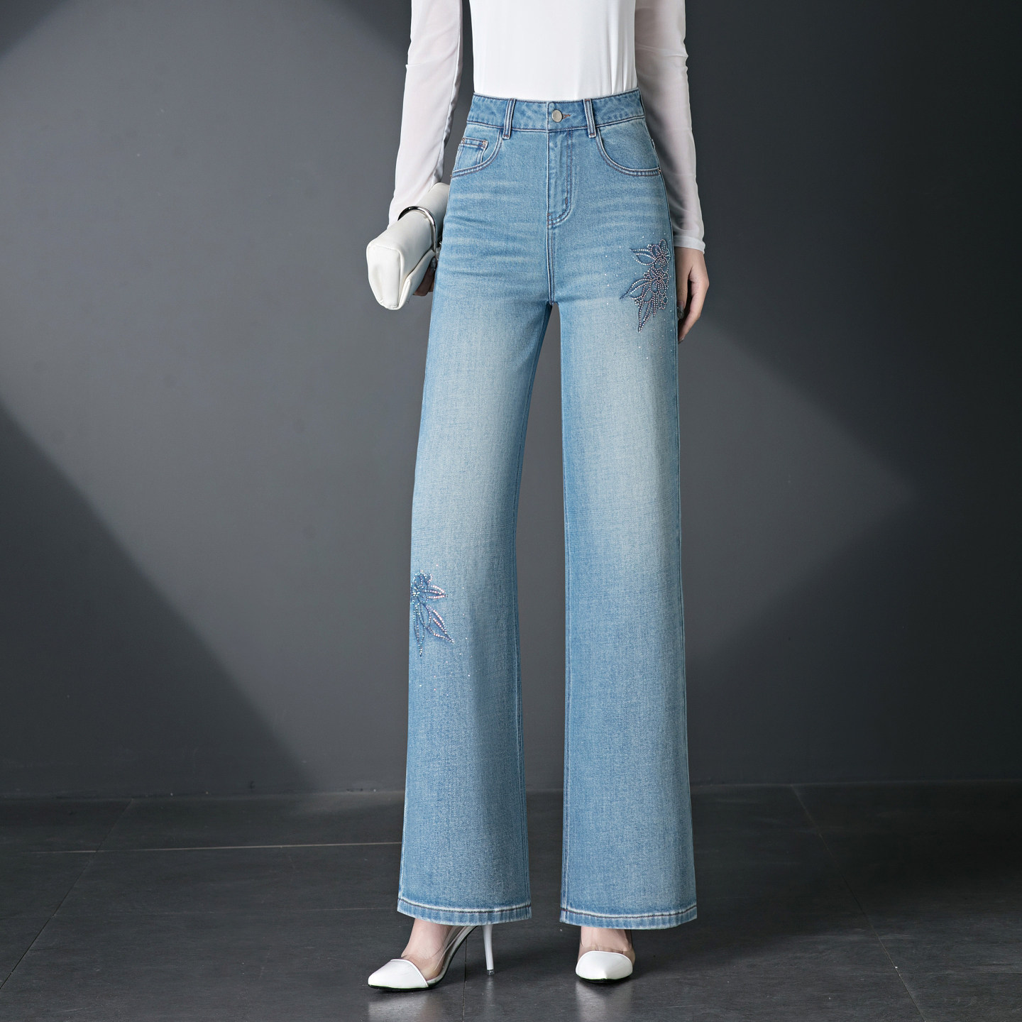 刺绣烫钻牛仔裤女2026春夏新款阔腿裤高腰显瘦百搭直筒裤蓝色长裤
