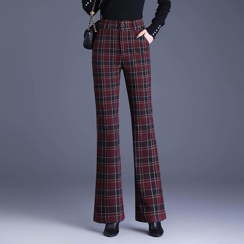 毛呢格子微喇裤女秋冬新款高腰修身长裤气质垂感休闲喇叭裤子