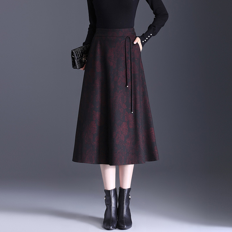 印花毛呢a字裙显瘦半身裙伞裙
