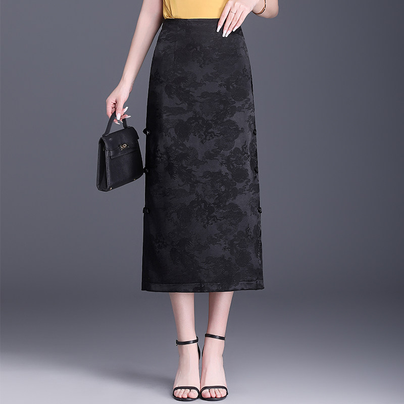 提花盘扣式国风开叉一步裙女春夏2026新款包臀半身裙中长款直筒裙
