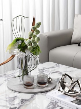 罗曼提现代样板间花艺灰色皮革铬色球圆托盘摆件客厅茶几饰品组合